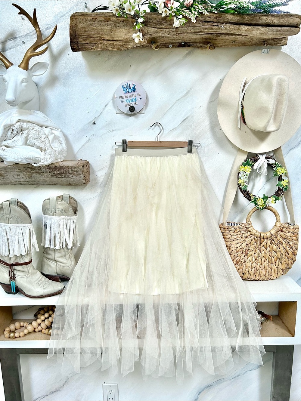 Dreamy Tulle Midi layered boho Skirt w shabby chic prairie Country vibe